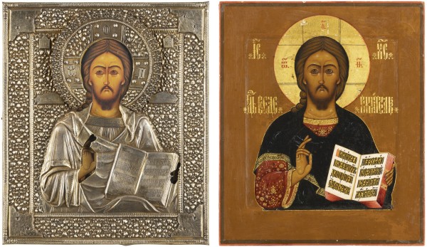 Auction <br>AN ICON SHOWING CHRIST PANTOKRATOR WITH A SILVER-GILT OKLAD