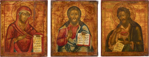 Auktion <br>GROSSE DREITEILIGE DEESIS-GRUPPE: CHRISTUS PANTOKRATOR FLANKIERT VON DER GOTTESMUTTER UND JOHANNES DEM VORLÄUFER