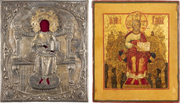 Auction <br>AN ICON SHOWING THE ENTHRONED CHRIST THE 'KINGS OF KINGS' WITH OKLAD
