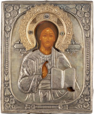 Auction <br>A LARGE ICON SHOWING CHRIST PANTOKRATOR WITH OKLAD
