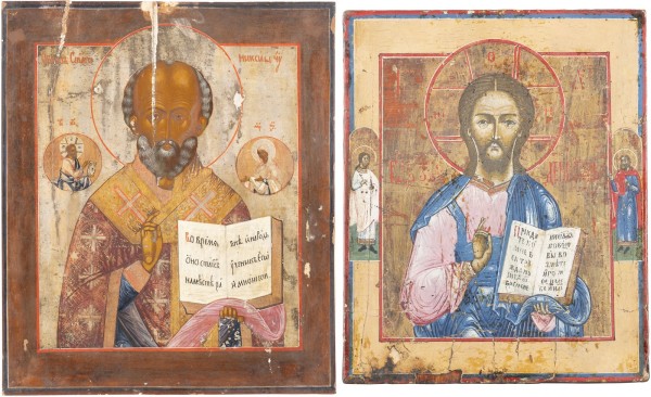 Auction <br>TWO ICONS SHOWING CHRIST PANTORKATOR AND ST. NICHOLAS OF MYRA