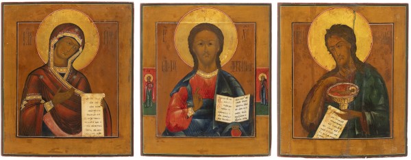 Auction <br>THREE LARGE ICONS FROMING A DEISIS SHOWING CHRIST PANTOKRATOR FLANKED BY THE MOTHER OF GOD