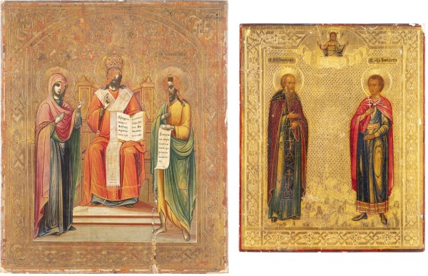 Auction <br>TWO SMALL ICONS SHOWING THE DEISIS AND STS. ILARION AND BONIFACE