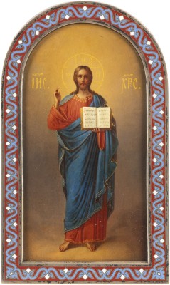 Picture FEINE IKONE MIT CHRISTUS DEM WELTENHERRSCHER MIT CHAMPLEVÉ-EMAIL-RAHMEN