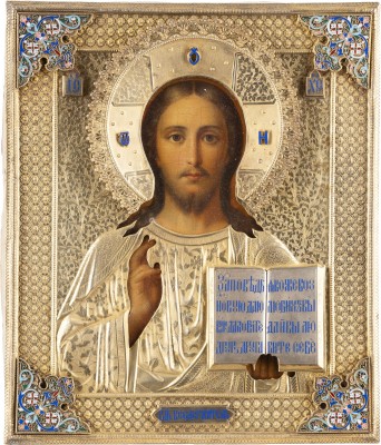 Auction <br>AN ICON SHOWING CHRIST PANTOKRATOR WITH A SILVER-GILT AND CLOISONNÉ ENAMEL OKLAD