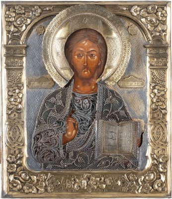 Bild FEINE IKONE MIT CHRISTUS PANTOKRATOR MIT FILIGRANEM VERMEIL-OKLAD