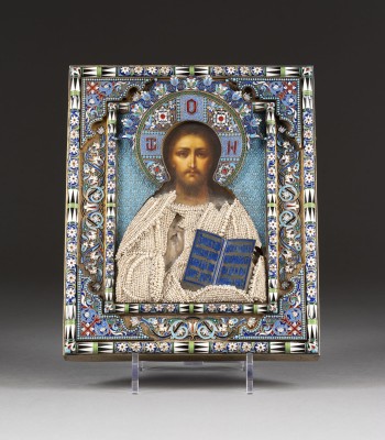 Auction <br>A LARGE SILVER-GILT AND CLOISONNÉ ENAMEL ICON OF CHRIST PANTOCRATOR