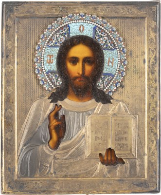 Bild IKONE MIT CHRISTUS PANTOKRATOR MIT CLOISONNÉ-EMAIL-OKLAD