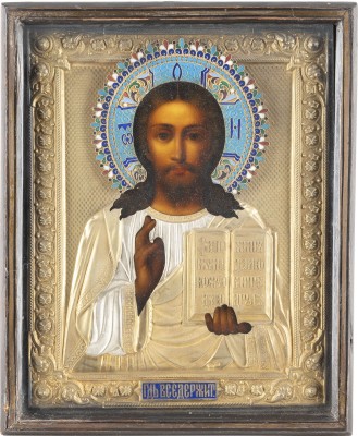 Bild IKONE MIT CHRISTUS PANTOKRATOR MIT CLOISONNÉ-EMAIL-OKLAD IM KIOT