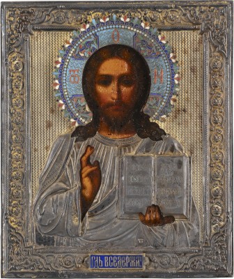 Bild IKONE MIT CHRISTUS PANTOKRATOR MIT CLOISONNÉ-EMAIL-OKLAD