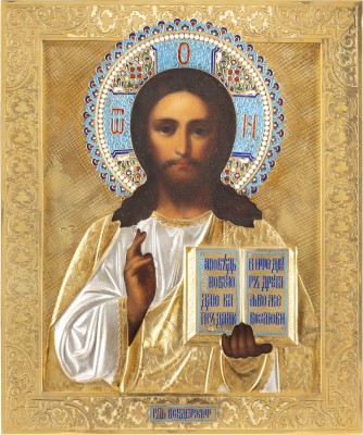 Picture IKONE MIT CHRISTUS PANTOKRATOR MIT CLOISONNÉ-EMAIL-OKLAD