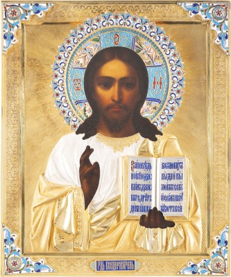 Picture IKONE MIT CHRISTUS PANTOKRATOR MIT CLOISONNÉ-EMAIL-OKLAD