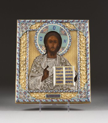 Auction <br>A VERY FINE ICON SHOWING CHRIST PANTOKRATOR WITH A SILVER-GILT, FILIGREE AND CLOISONNÉ
