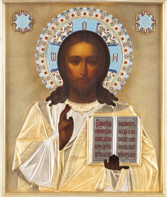 Bild IKONE MIT CHRISTUS PANTOKRATOR MIT CLOISONNÉ-EMAIL-OKLAD