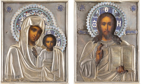 Bild PAAR KLEINE HOCHZEITS-IKONEN MIT CHRISTUS PANTOKRATOR UND DER GOTTESMUTTER VON KASAN MIT DER CLOISONNÉ-EMAIL-OKLAD