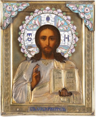 Auction <br>A SMALL ICON SHOWING CHRIST PANTOKRATOR WITH A SILVER-GILT AND CLOISONNÉ ENAMEL OKLAD