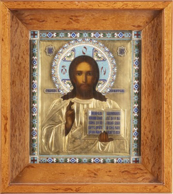 Bild IKONE MIT CHRISTUS PANTOKRATOR MIT CLOISONNÉ-EMAIL-OKLAD IM KIOT