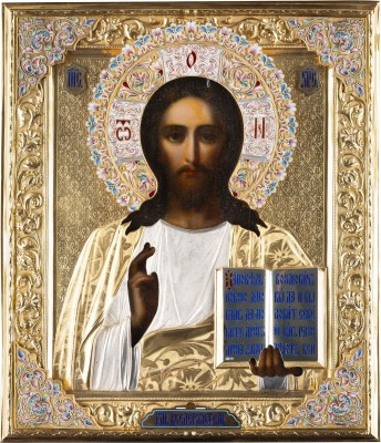 Auktion <br>SEHR FEINE IKONE MIT CHRISTUS PANTOKRATOR MIT CLOISONNÉ-EMAIL-OKLAD