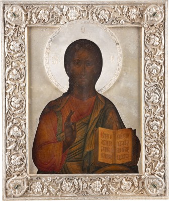 Auktion <br>IKONE MIT CHRISTUS PANTOKRATOR MIT SILBER-RIZA