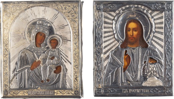 Bild ZWEI KLEINFORMATIGE IKONEN MIT DER GOTTESMUTTER 'IWERSKAJA' UND CHRISTUS PANTOKRATOR MIT SILBER-OKLAD