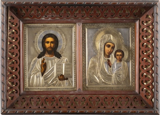 Bild PAAR HOCHZEITSIKONEN MIT CHRISTUS PANTOKRATOR UND DER GOTTESMUTTER VON KASAN MIT SILBER-OKLAD IM KIOT