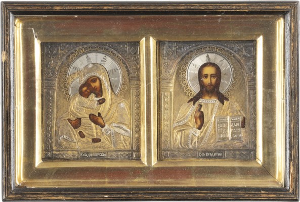 Auction <br>A PAIR OF SMALL WEDDING ICONS SHOWING CHRIST PANTOKRATOR AND THE VLADIMIRSKAYA MOTHER OF