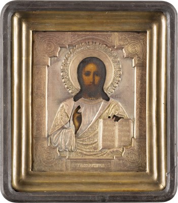 Auction <br>AN ICON SHOWING CHRIST PANTOKRATOR WITH OKLAD WITHIN KYOT