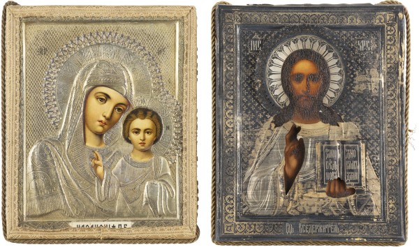 Bild ZWEI IKONEN: CHRISTUS PANTOKRATOR MIT SILBER-OKLAD UND GOTTESMUTTER VON KASAN