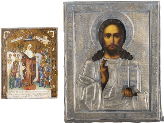Bild MINIATUR-IKONE MIT DER GOTTESMUTTER 'FREUDE ALLER LEIDENDEN' MIT DEN MÜNZEN UND CHRISTUS PANTORKATOR MIT SILBER-OKLAD