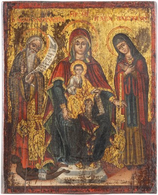 Bild KLEINE IKONE MIT DER THRONENDEN GOTTESMUTTER FLANKIERT VON DEN HEILIGEN CHARALAMPIOS UND PARASKEWA