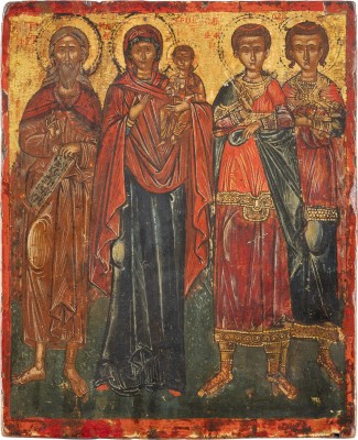 Bild FEINE IKONE MIT DER GOTTESMUTTER FLANKIERT VON DEM PROPHETEN ELIAS UND DEN HEILIGEN KOSMAS UND DAMIAN