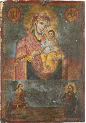 Bild ZWEIFELDER-IKONE MIT DER GOTTESMUTTER HODEGETRIA UND DEN HEILIGEN DEMETRIOS UND JOHANNES DEM VORLÄUFER