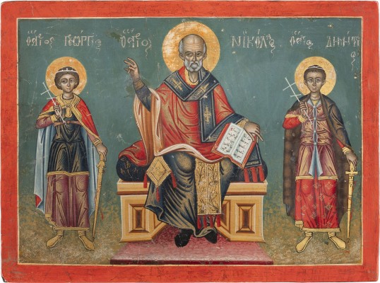 Bild GROSSE IKONE MIT DEM HEILIGEN NIKOLAUS VON MYRA FLANKIERT VON DEN HEILIGEN GEORG UND DEMETRIUS