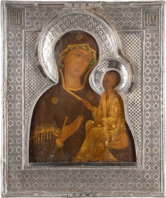 Auction <br>A FINE ICON SHOWING THE TIKHVINSKAYA MOTHER OF GOD WITH A SILVER RIZA