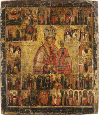 Auction <br>A VERY RARE AND VERY FINE ICON SHOWING THE MOTHER OF GOD SURROUNDED BY FESTIVALS AND HER