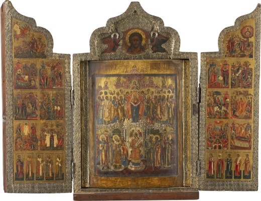 Bild SEHR FEINES UND GROSSES TRIPTYCHON MIT DEM SCHLEIERWUNDER DER GOTTESMUTTER (POKROW), FESTTAGEN DES ORTHODOXEN KIRCHENJAHRES UND AUSGEWÄHLTEN HEILIGEN