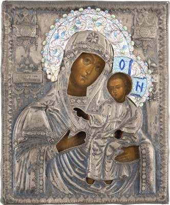 Bild IKONE MIT DER GOTTESMUTTER 'GRUSINSKAJA' MIT CLOISONNÉ-EMAIL-OKLAD