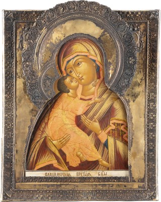 Picture SEHR FEINE IKONE MIT DER GOTTESMUTTER VON WLADIMIR (WLADIMIRSKAJA) MIT VERMEIL-RIZA