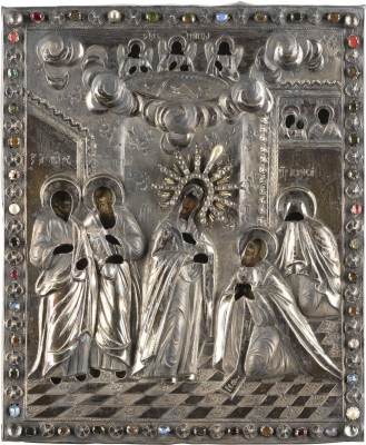Auction <br>AN ICON SHOWING THE APPEARANCE OF THE MOTHER OF GOD TO ST. SERGEY OF RADONEZH WITH A
