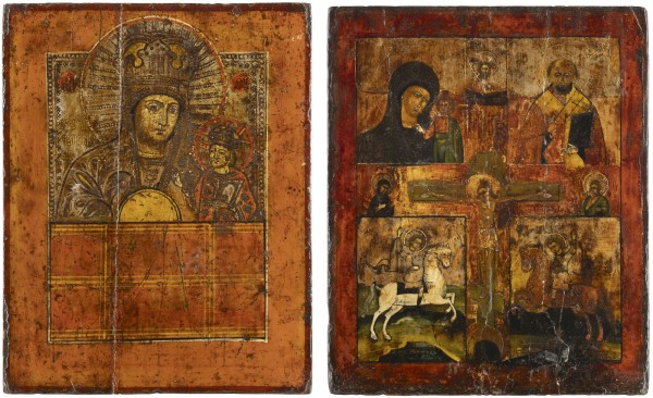 Auction <br>AN ICON SHOWING THE MOTHER OF GOD OF CHENSTOKHOVSKAYA (SOFTENER OF THE EVIL HEARTS) AND A