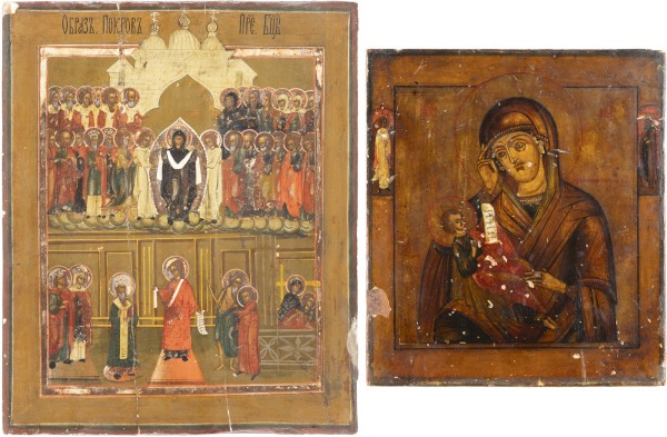 Auction <br>TWO ICONS SHOWING THE MOTHER OF GOD 'SOOTHE MY SORROW' AND THE POKROV