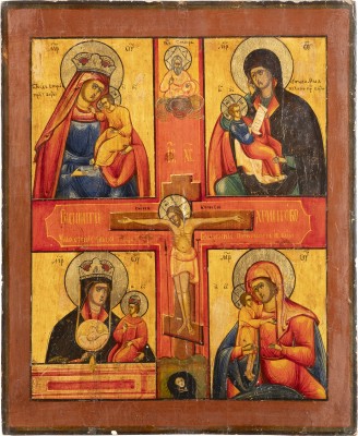 Bild VIERFELDER-IKONE MIT DER KREUZIGUNG CHRISTI UND VIER GNADENBILDERN DER GOTTESMUTTER
