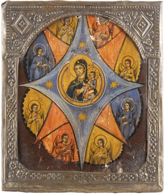 Auction <br>TWO ICONS: A QUADRI-PARTITE ICON SHOWING THE KAZANSKAYA MOTHER OF GOD AND SELECTED SAINTS