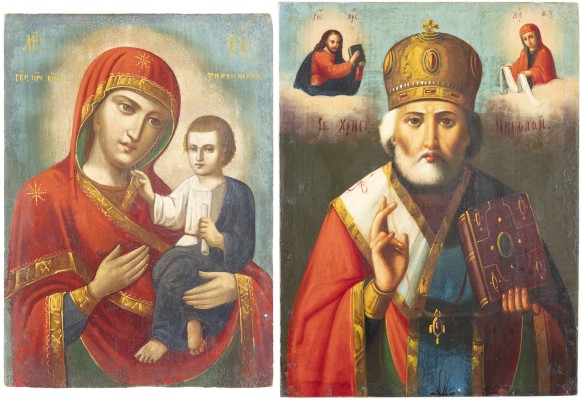 Auction <br>TWO ICONS SHOWING THE TIKHVINSKAYA MOTHER OF GOD AND ST. NICHOLAS OF MYRA