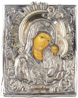 Auction <br>A SMALL ICON SHOWING THE KAZANSKAYA MOTHER OF GOD WITH SILVER OKLAD
