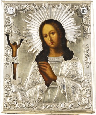 Auction <br>AN ICON SHOWING THE AKTHYRSKAYA MOTHER OF GOD WITH A SILVER-GILT OKLAD