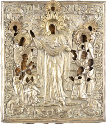 Auction <br>AN ICON SHOWING THE MOTHER OF GOD 'JOY TO ALL WHO GRIEVE' WITH OKLAD