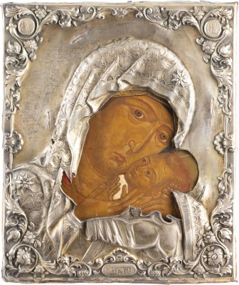 Auction <br>AN ICON SHOWING THE KORSUNSKAYA MOTHER OF GOD WITH A SILVER-GILT OKLAD