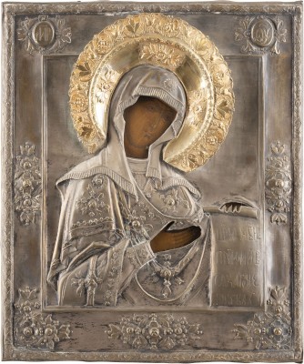 Auction <br>TWO ICONS WITH OKLAD SHOWING THE MOTHER OF GOD FROM A DEISIS AND THE MOTHER OF GOD 'OF
