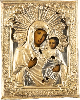 Auction <br>AN ICON SHOWING THE IVERSKAYA MOTHER OF GOD WITH OKLAD WITHIN KYOT